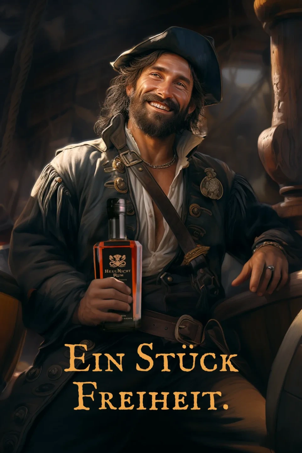 Kapitän von HeulNichtRum mit Flasche in der Hand